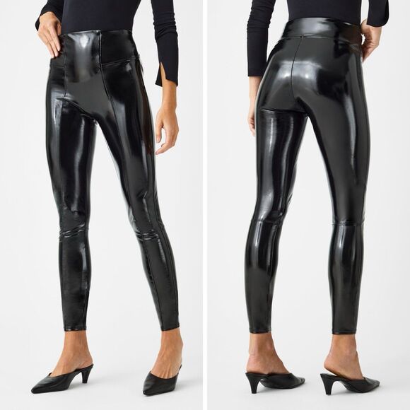 NWT Spanx Black Faux Patent Shine Leather Leggings Womens S High Rise Glossy - Picture 1 of 13